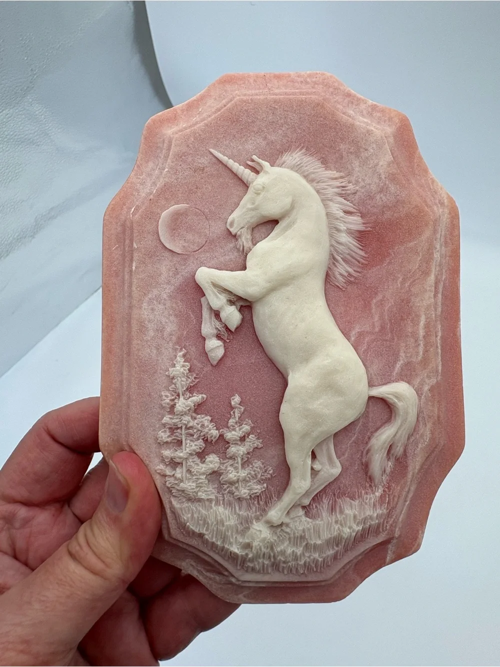 Whimsical Vintage Pink Incolay Unicorn Wall Plaque with Raised White Relief